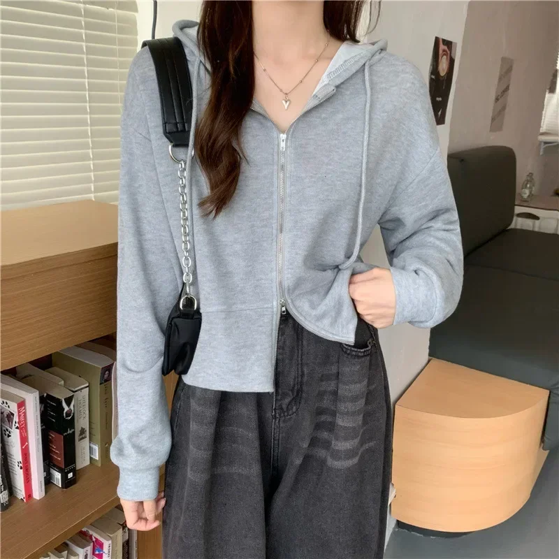 Female Fashion Streetwear, Monochromatic Short Tops, New Women's Zipper Hoodie, Simple Style Sweatshirt, Casual Tops for Autumn,