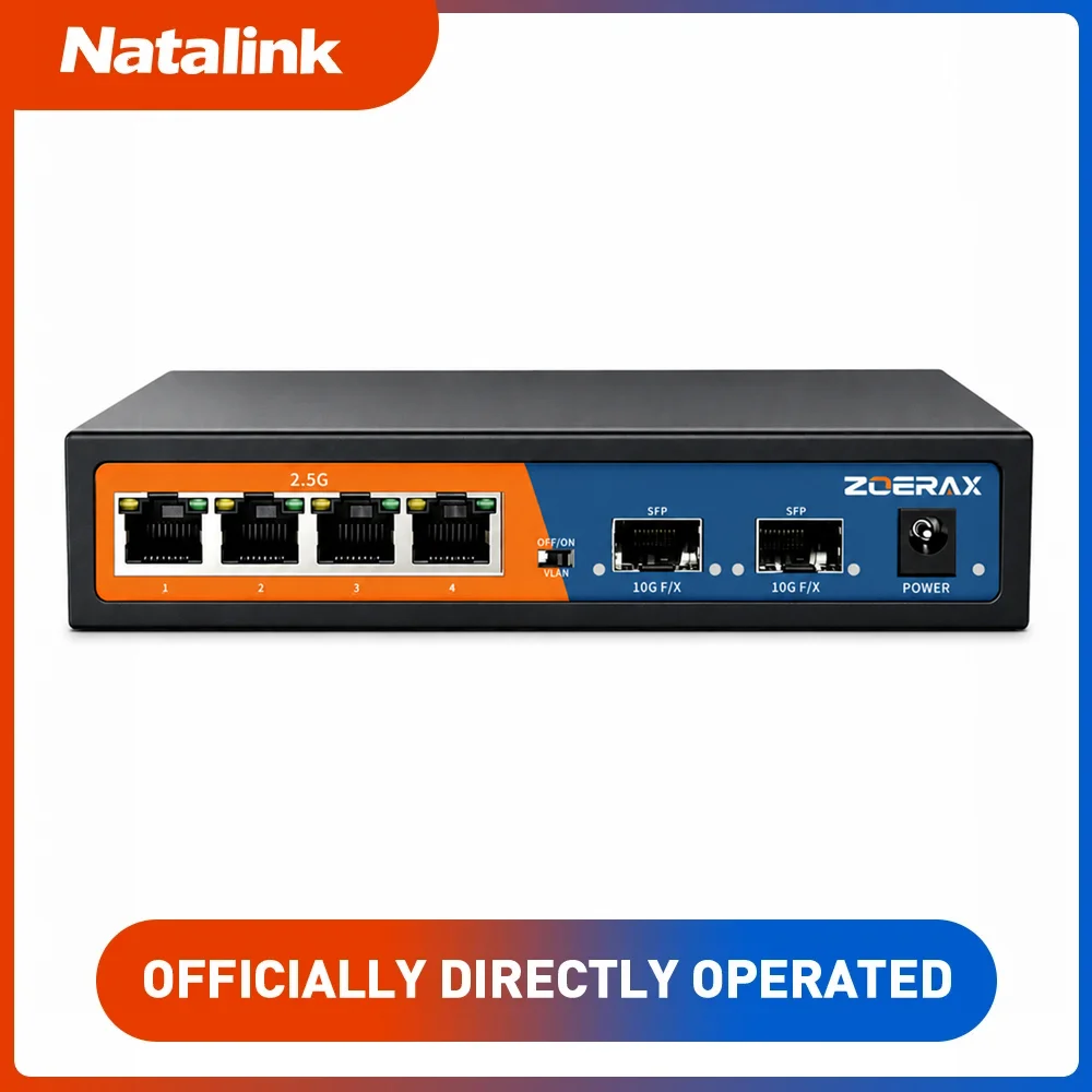 Natalink 6 Port Multi-Gigabit 2.5G Network Switch 4 Port 2.5G + 2 Port 10G Uplink Plug & Play One-Key VLAN Lightning Protection