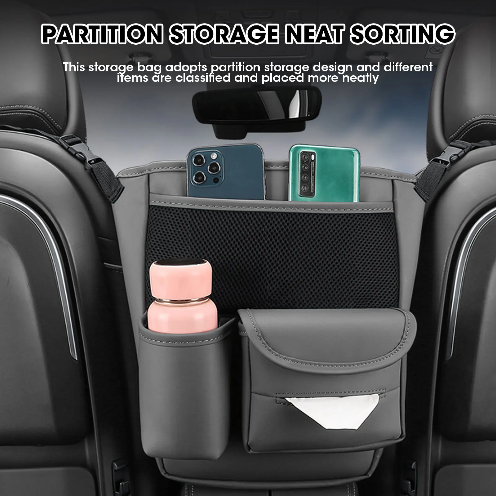 

Car Seat Middle Hanger Storage Bag Leather Car Seat Back Organizer Large Capacity Handbag Holder Net Pocket for Water Cup Tissue