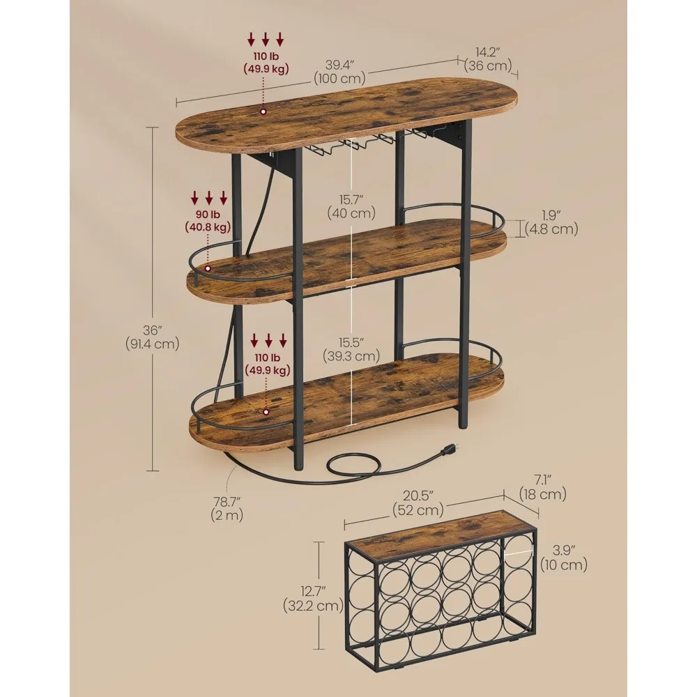 Armários de bar para casa, barra de café LED com tomadas de energia, mini bar doméstico para licor, rack de vinho independente com suporte de vidro