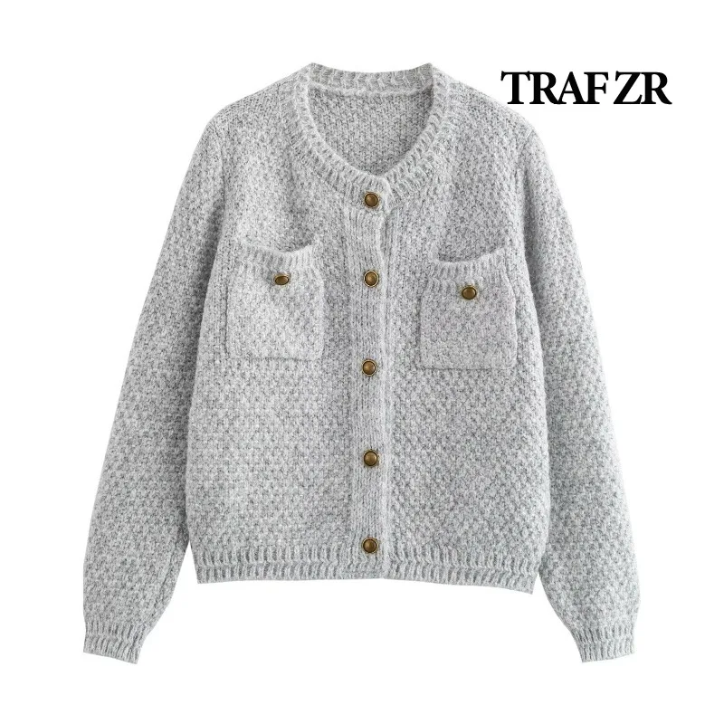 TRAF ZR Cozy Sweaters Knit Cardigan Y2k Vintage Top Women's Autumn Sweater Minimalist O-neck Cardigan Long Sleeve Sweaters