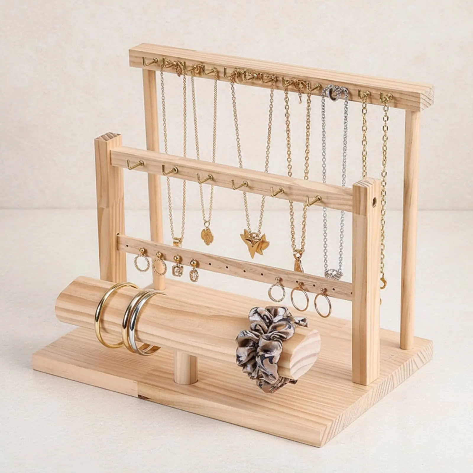 Expositor de Joyería de Madera, Diseño Elegante, Soporte para Collares y Pendientes, Gran Capacidad para Ferias de Artesanía