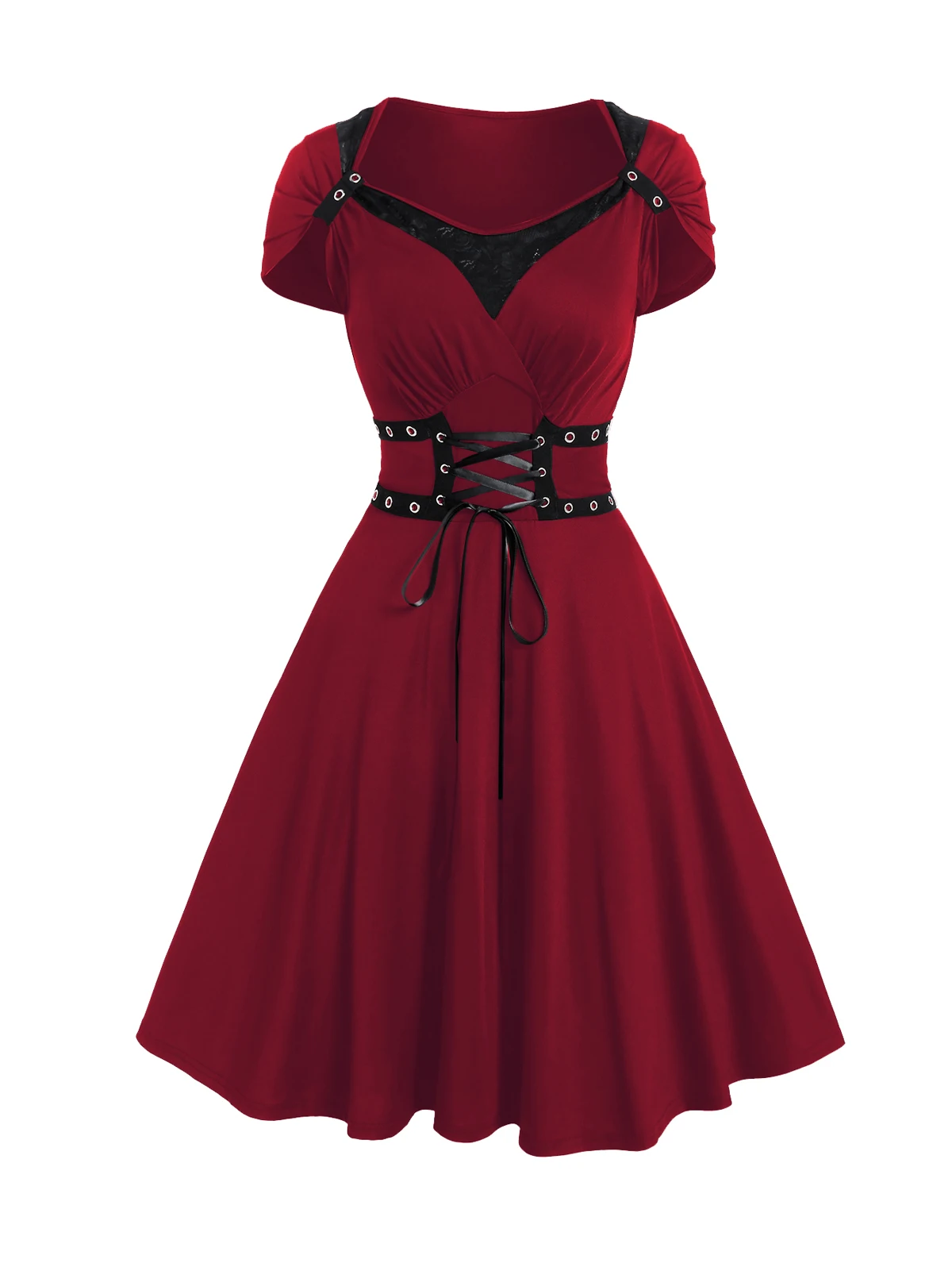 Womens Gothic Jurk Met Vetersluiting Met Gesp Kriskras Over Diepe Hals Met Hoge Taille Een Lijn Mini-Jurk Mouwloze Overgooiers Vestidos