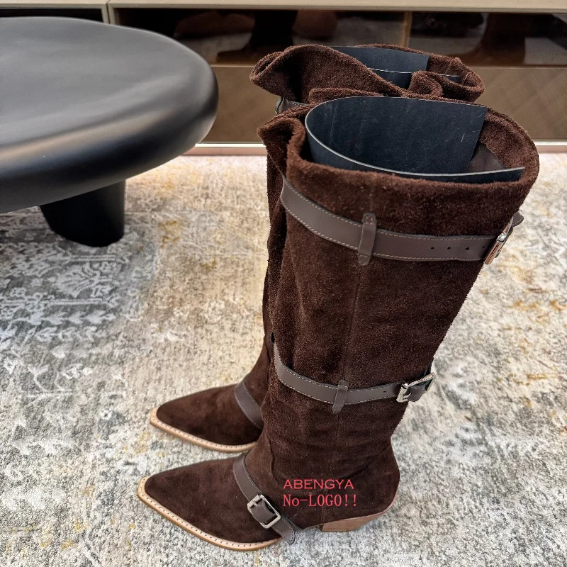 Winter Black Suede Leather Knee High Boots Women Pointy Toe Belt Buckle Motorcycle Long Boots Designer Party Thigh Boots Women view 6