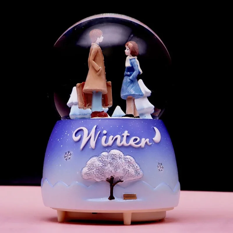 White Moonlight Couple Crystal Ball Music Box Valentine's Day Home Decoration Snow Glowing Rotating Creative Birthday Gift