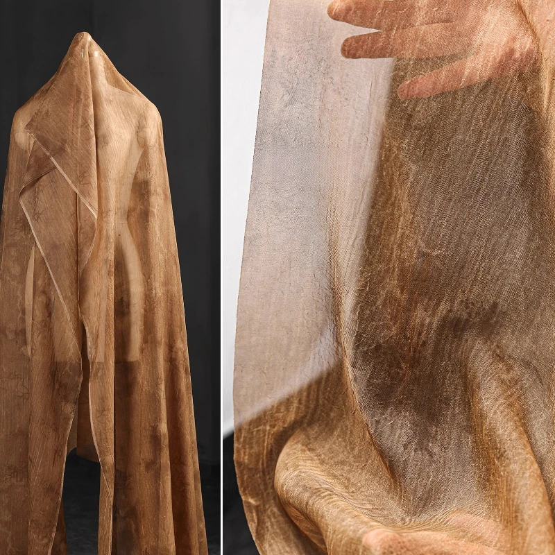 Yellow Brown Ink Wash Bamboo Thin Gauze Fabric Textured Flowy Vintage Distressed Tie Dye Cardigan Designer Fashion Fabric
