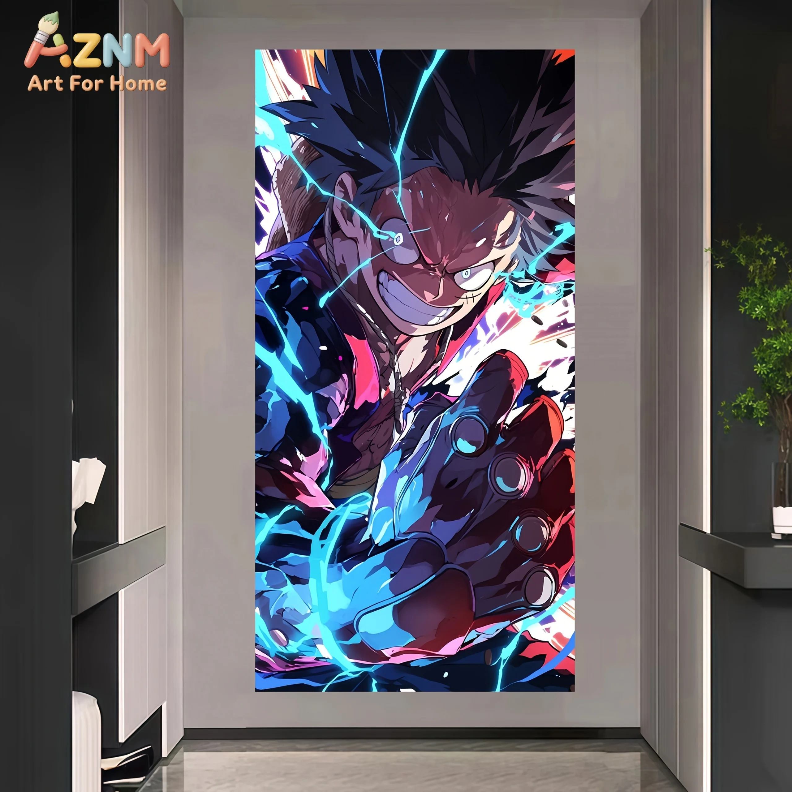 AZNM One Piece Monkey D Luffy Blue Electric Thunder Punch Dynamic Anime Canvas Wall Art Straw Hat Pirate Print Unframed Canvas P