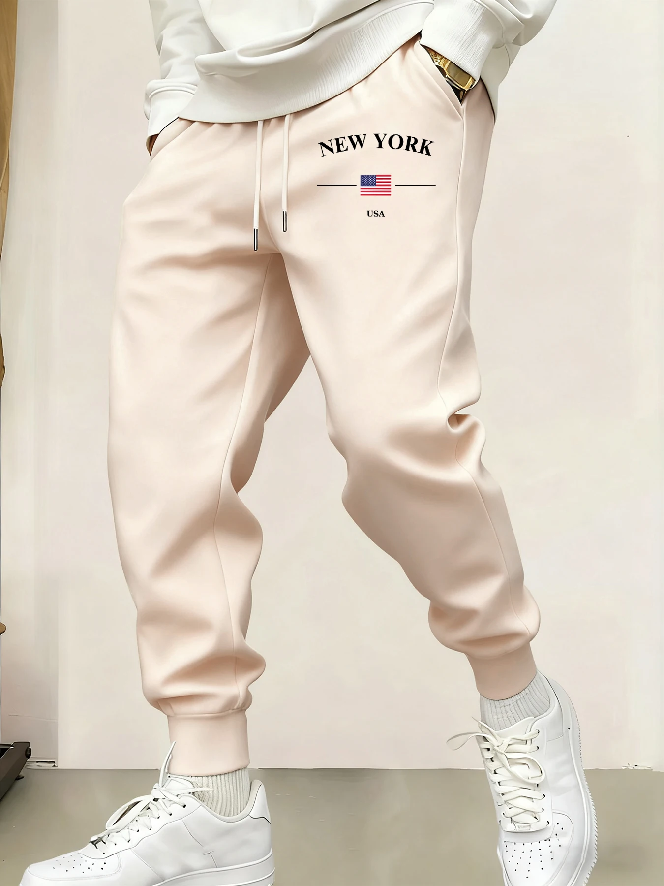 

New York Usa Flag Print Men Drawstring Long Pant Pocket Fleece Trousers Fashion Elastic Waist Sportpant Street Autumn Britches