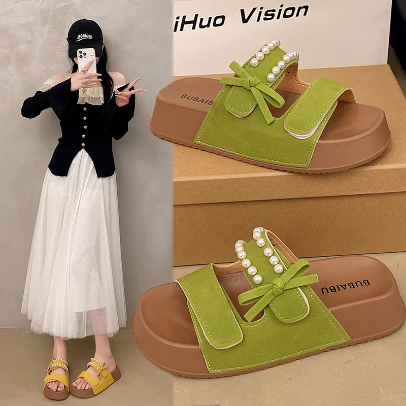 Shoes Woman's Slippers Slides Butterfly-Knot Fashion String Bead 2026 Soft Luxury Summer Casual Leisure String Bead Slippers Wom