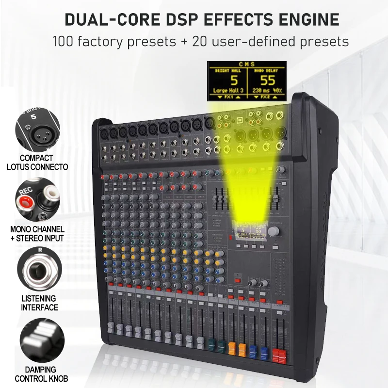 Paulkitson PM1000 Portable Audio Mixer Professional Mixing Console 10Ch 2×1250W Built-in Amp Dual DSP 48V Phantom Power Karaoke