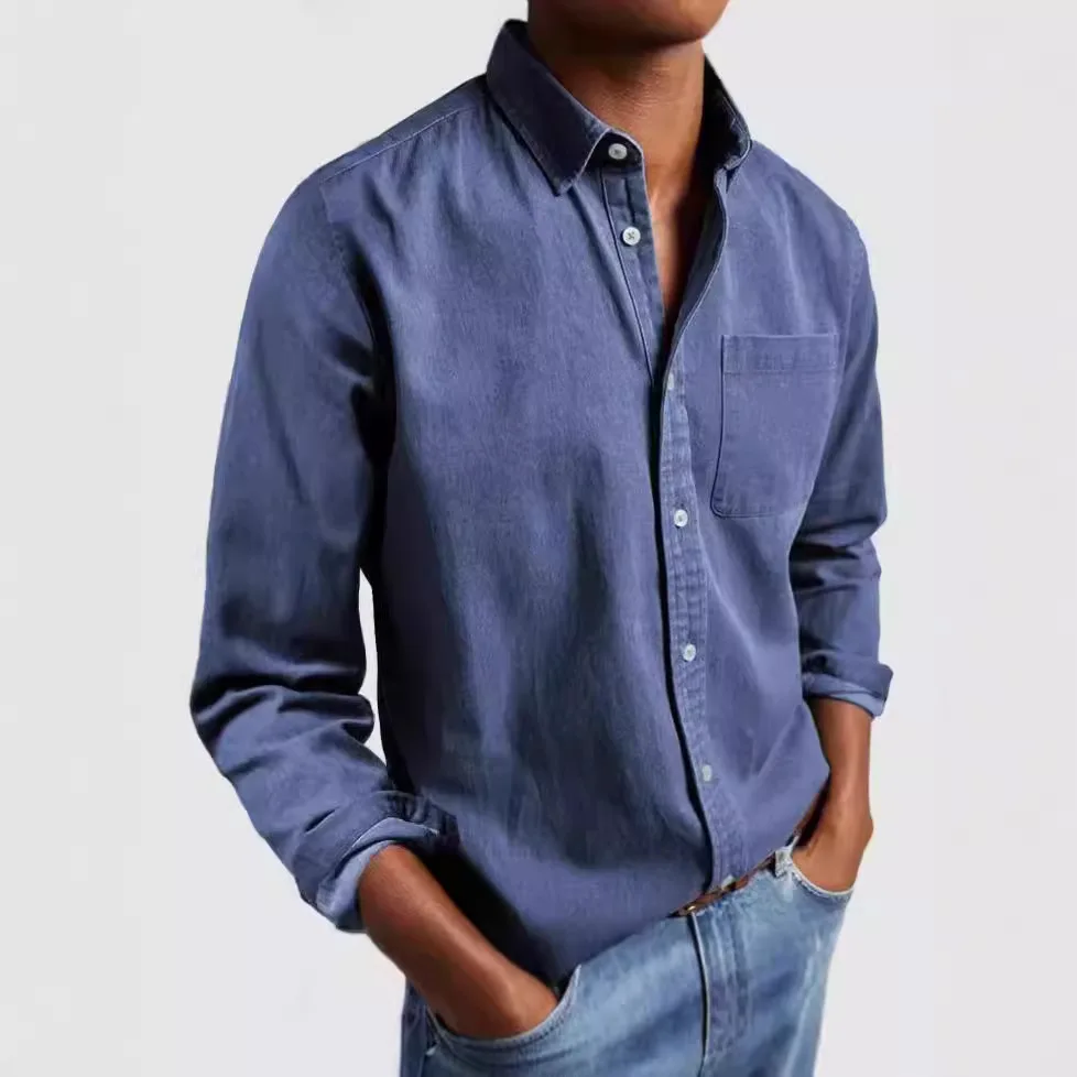 

2026 Men's New Lapel Solid Color Shirt Men's Retro Long-sleeved Shirt