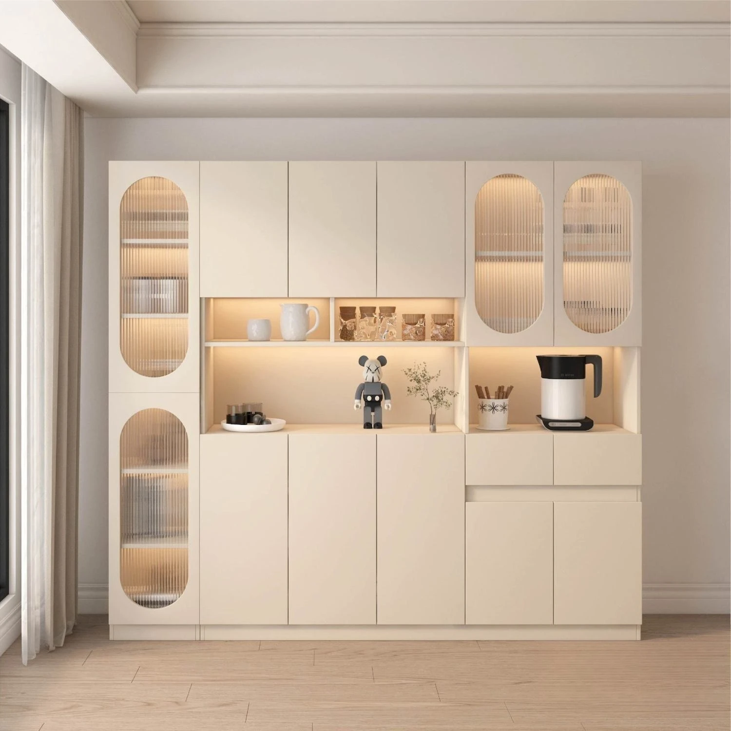 Storage Cabinet Modern Cream Style Dining Room Easy Assembly Sturdy Durable Stable Construction Space Saving Comfortable