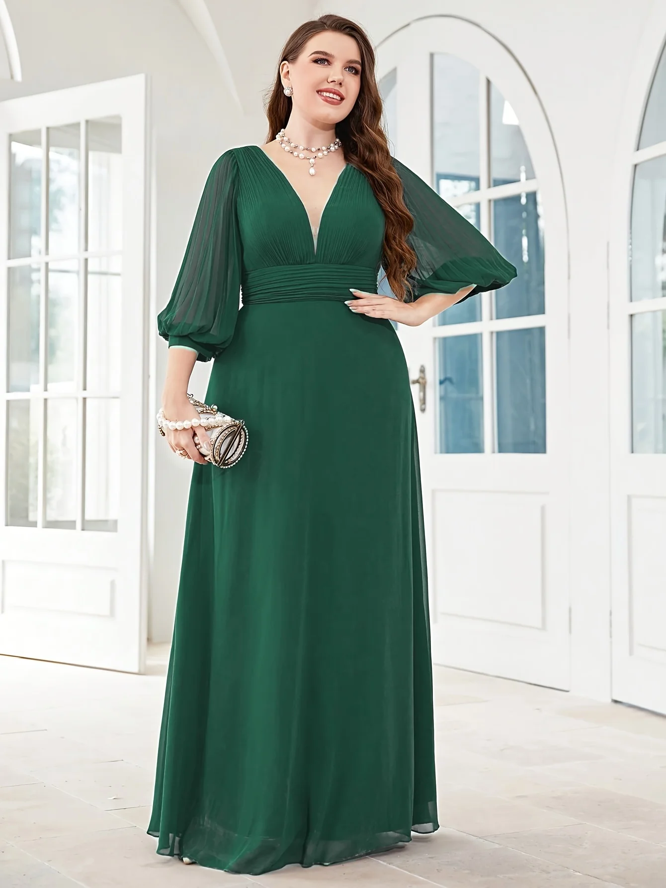 

Elegant Deep V-Neck Long Sleeve Chiffon Evening Dresses Pleated Lantern Sleeves Floor-Length Festival Gowns Wedding Prom Dress