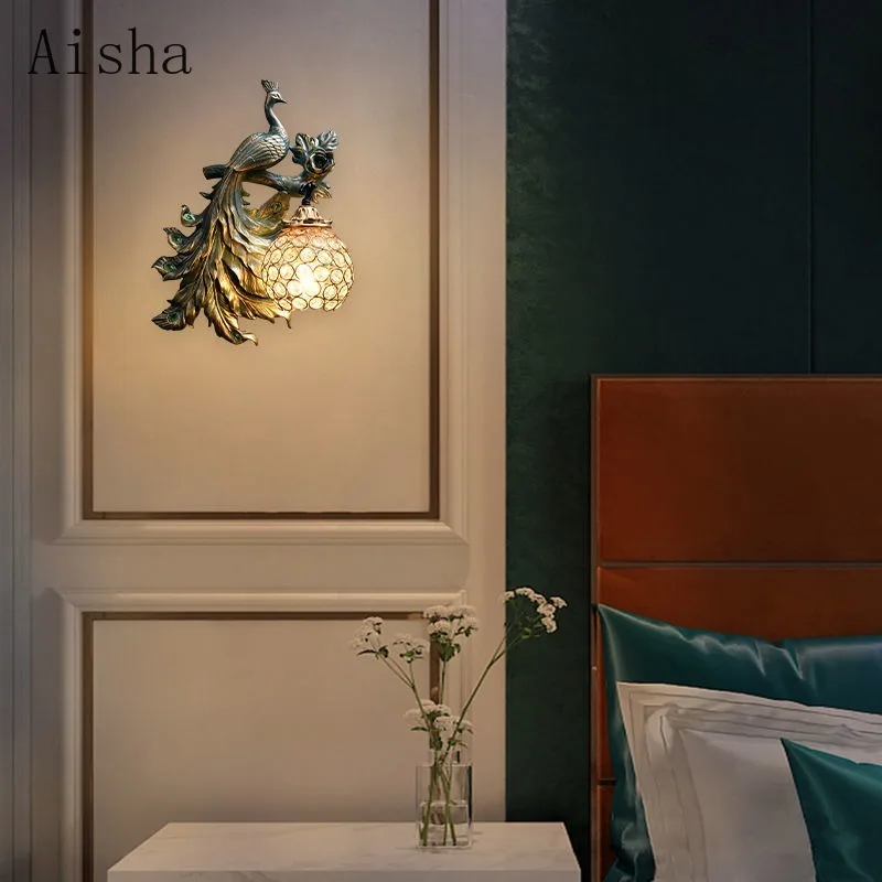 American Retro Peacock Wall Lamp European Living Room Bedroom Headboard Background Wall Creative Decorative Sconces