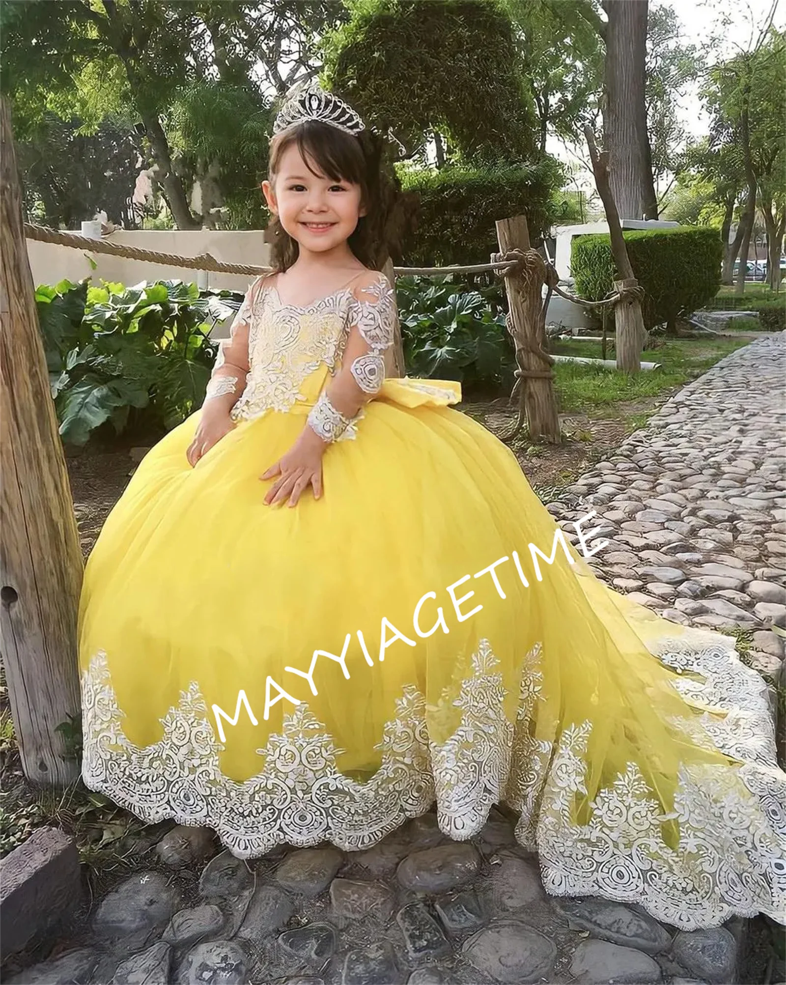 Princess Flower Girl Dress Crystals gonna con volant in pizzo leggermente sgonfio motivo floreale autunno Down Bottom Ball Gown