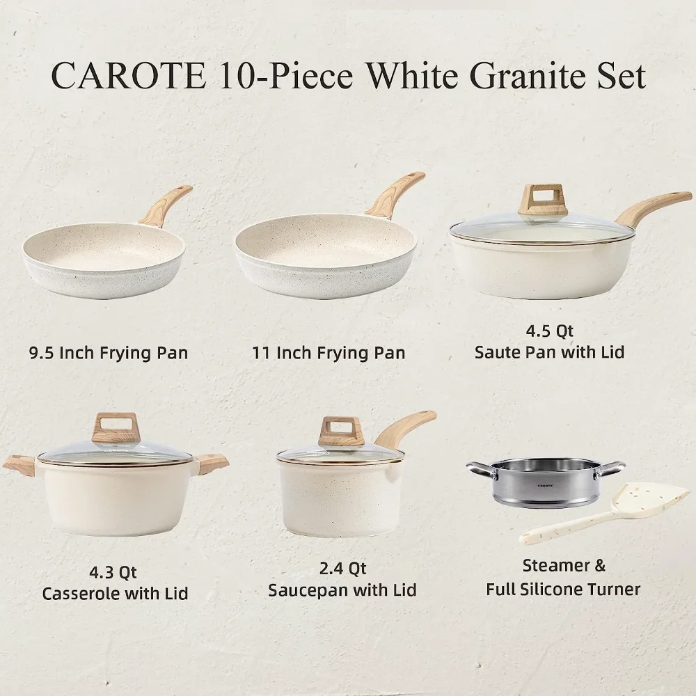 CAROTE Pots and Pans Set Nonstick, White Granite Induction Kitchen Cookware Set, 10 Pcs Non Stick Cooking Set w/Frying Pans