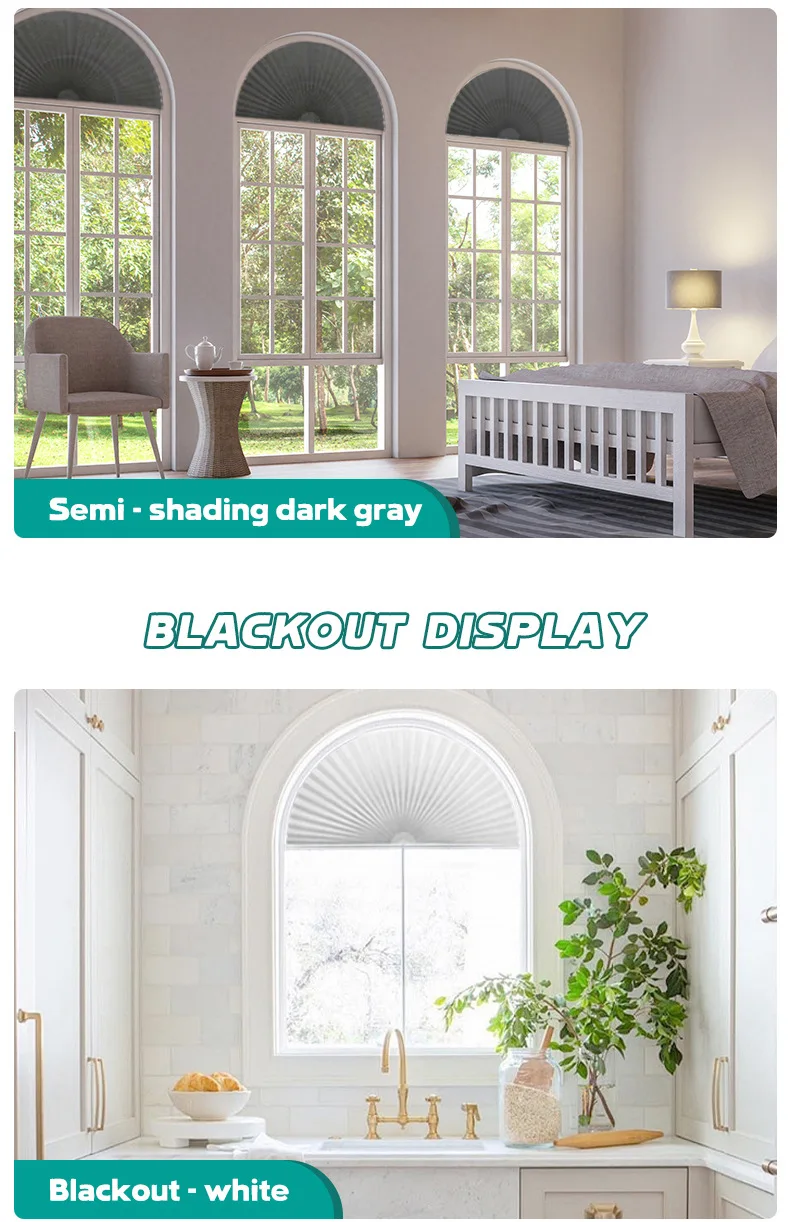 � Halbkreisförmiges, plissiertes, individuelles, maßgeschneidertes DIY-Jalousien mit gewölbtem Fenster, Lichtfilterung für halbblockierende Isolierung aus Polyestergewebe – Detail 6