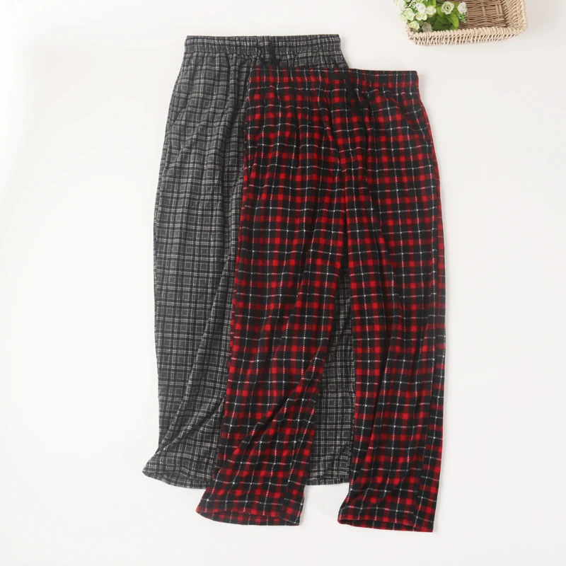 Men\'s Sleep Pants Autumn Winter Warm Fleece Thin Sleepwear Men High-waisted Trousers Plaid  Plus Size