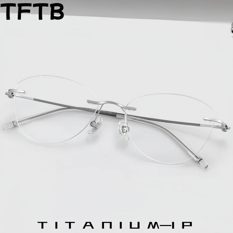 

TFTB Ultra-light Pure Titanium Women's Cat Eye Rimless Glasses Fashion Retro Retouch Face Optical Prescription Eyeglasses Frame