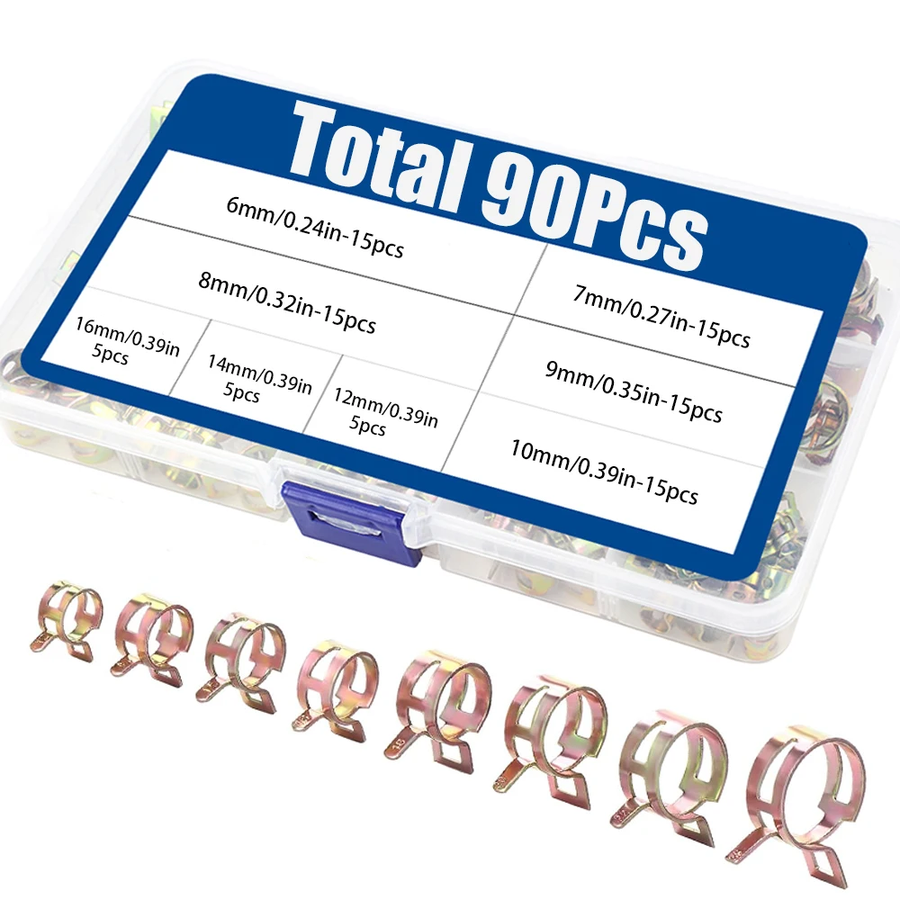 

90Pcs 6-16mm 8 Sizes Manganese Steel Spring Driven Hose Clamp Low Pressure Air Clamp Fastener Sorting Kit For Pipes Automobiles