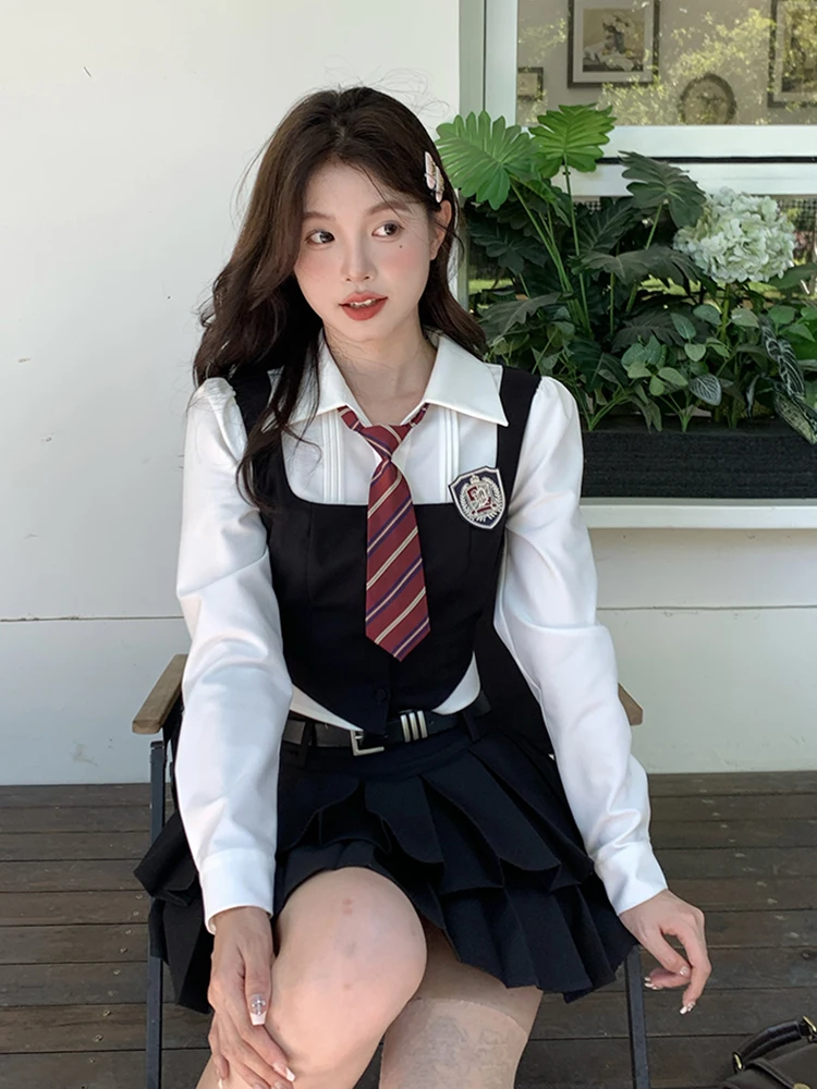 

HuiZi Miss Uniform Set School Style Long Sleeve Women's Two-Piece Suit Tokyo Annual Record Fake Two-Piece Shirt Skirt Set
