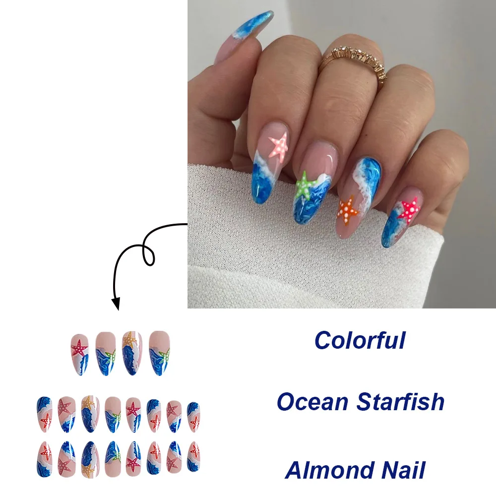 24pcs Cool Summer Waves Y2k Nails Press On Long Almond Fake Nails Wearable Multicolor Starfish French False Nails Round Finished