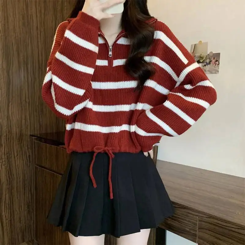 Y K Gestreepte Truien Dames Herfst Winter Halve Rits Kraagvorm Chique Gebreide Truien Vintage Contrast Streetwear Jumpers