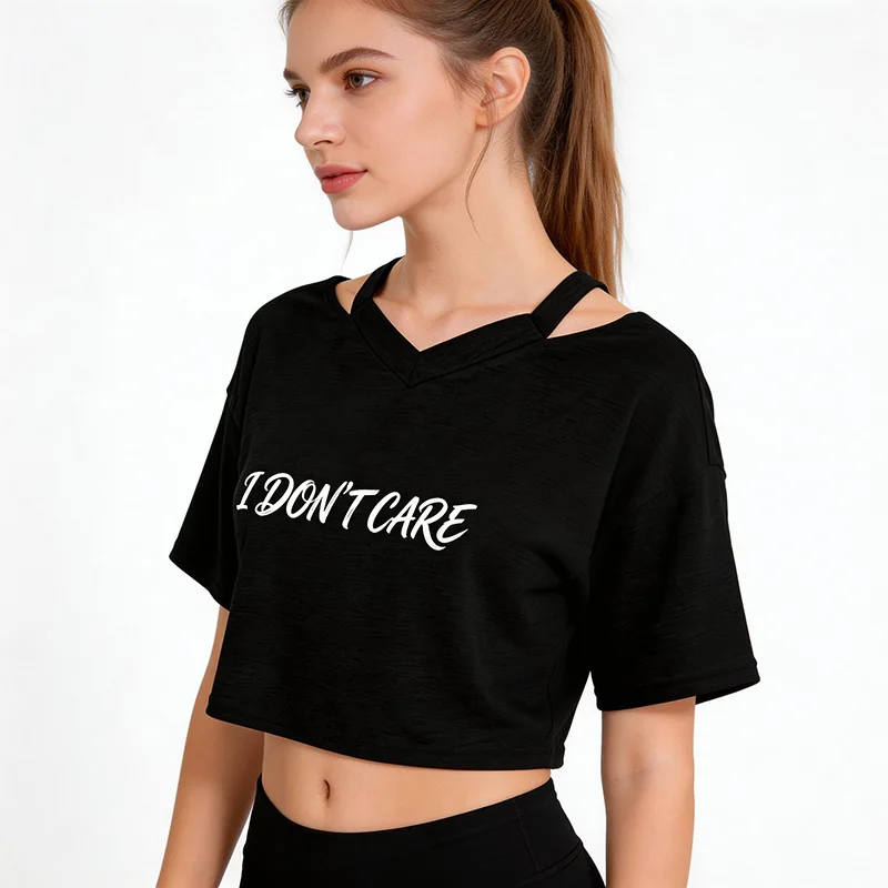 90s Graphic Black Crop Tops for Woman Fashion Sexy Tshirt Clothing Women's Letter I DNO'T CARE Print Y2K Cropped T Shirt Female