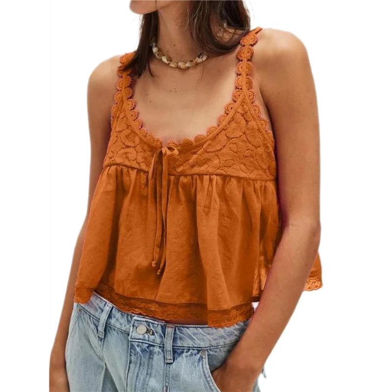 Women Lace Trim Tank Tops Y2k Tie Front Semi Sheer Crop Vest Cute Sleeveless Scoop Neck Flowy Shirt