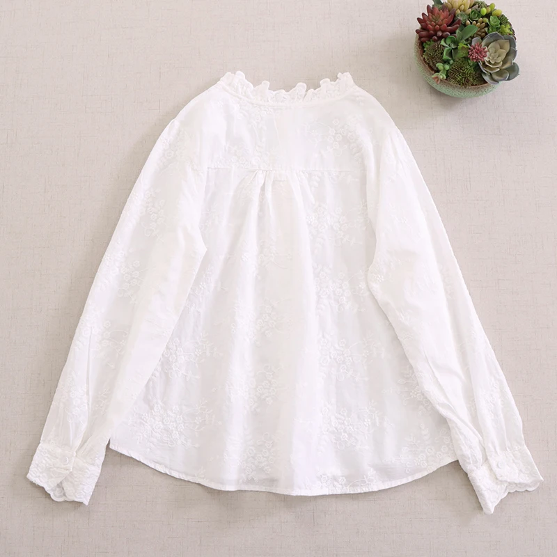 Mori Kei Clothing Embroidery 100% Cotton Shirts Women Spring New Stand Collar Long Sleeve Solid Color Casual Loose Blouse Tops