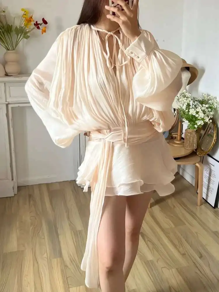 Elegante camada babados sólido cintura alta mini vestidos femininos rendas até moda o pescoço blusa plissada vestido 2025 roupas femininas