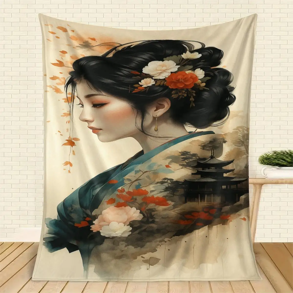 Graceful Japanese geisha Flannel printed blanket suitable for all seasons suitable for living room office sofa and travel