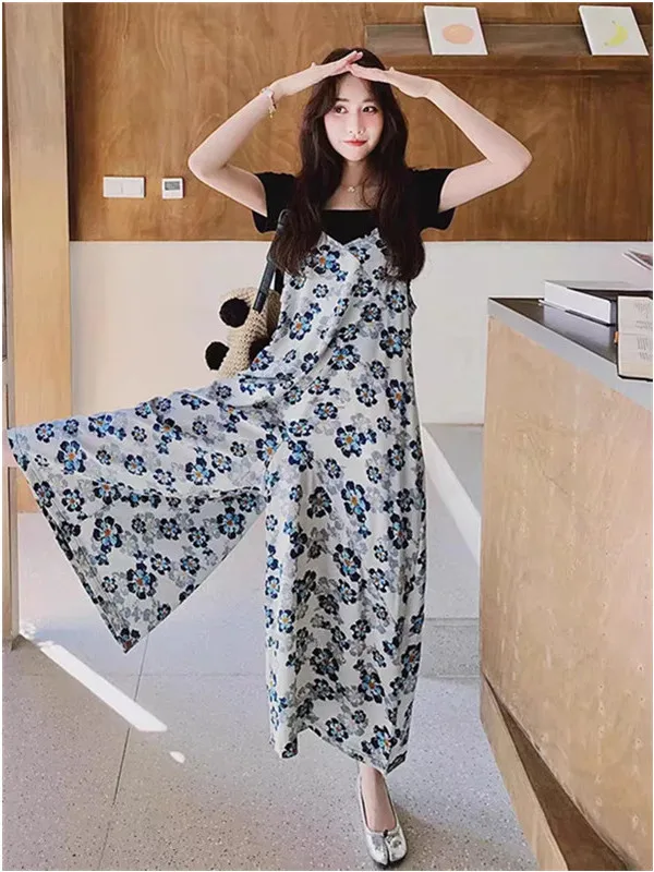 Retro Floral Print Wide Leg Pants Women's Summer New Sle Casual Slimming Strap Susps Skirt High Waist Long Pants