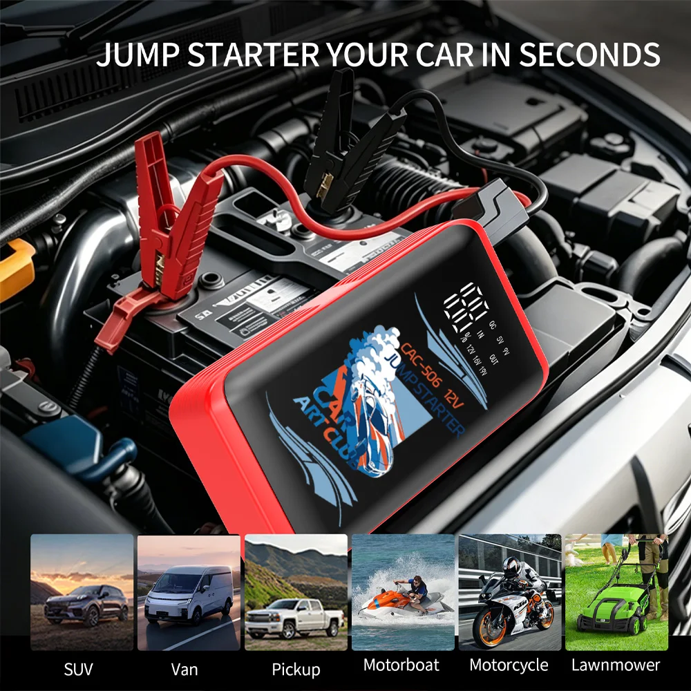 New Smart 12V Car Jump Starter, Portable Battery Booster Power Bank with LED Light, Quick Charge 3.0 & Dual USB for Auto SUV