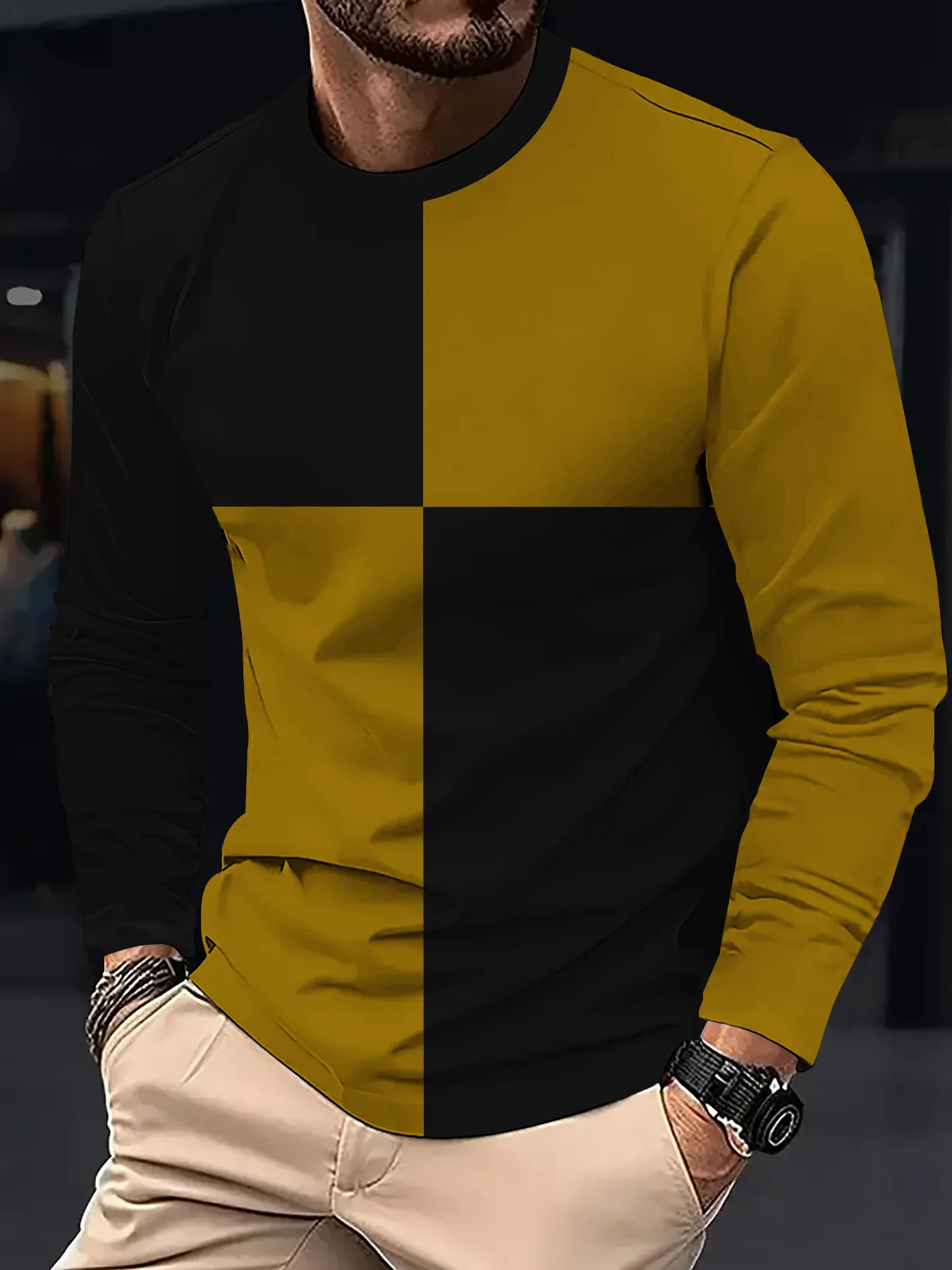 Autumn men's long sleeved T-shirt Black and white spliced T-shirt Cotton Comfortable Round Neck T-shirt Versatile men's clothing view 4