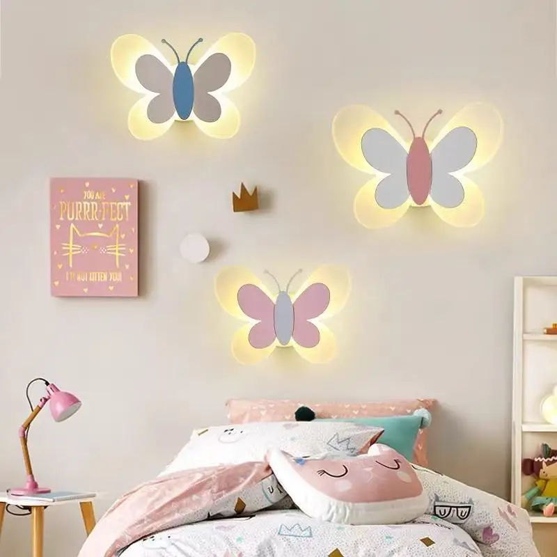 Modern Cartoon Cute Lovely Butterfly Shape LED Wall Lamp Art Creative Lights for Chidren's Bedroom Home Decoration Chandelier