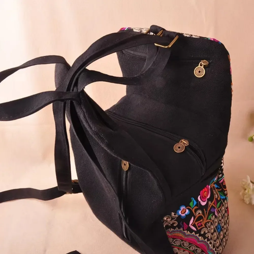 Fashion Vintage Artistic Embroidered Women Canvas Backpacks Handmade Floral Embroidery Rucksack Schoolbag Denim Travel Bags