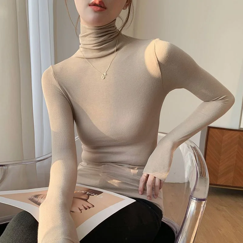 

Женская водолазка с ворсовым воротником из чистого хлопка, модная женская футболка с длинными рукавами, тонкий топ большого размера