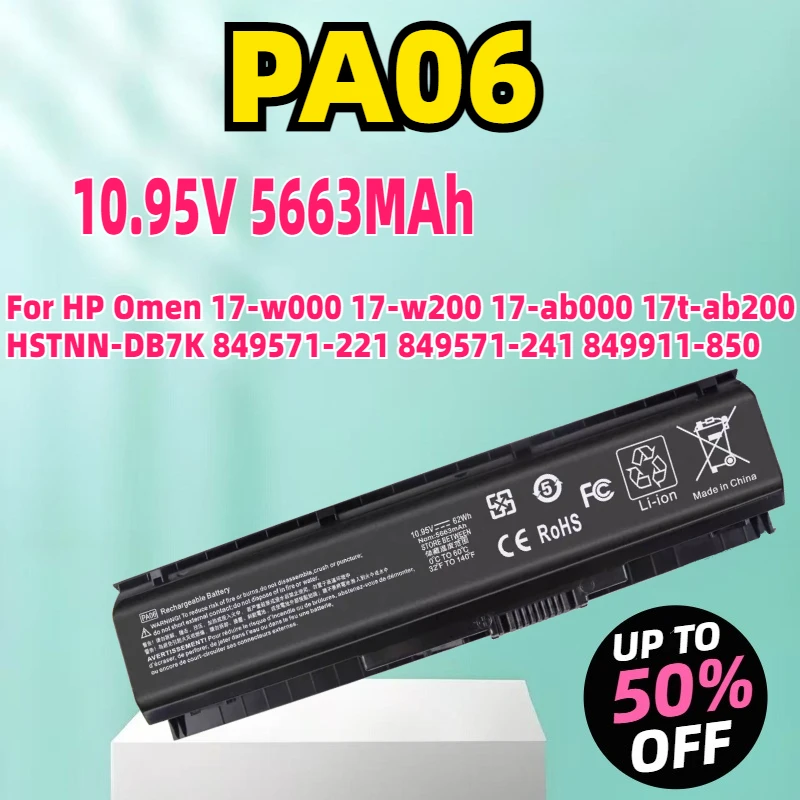 

New PA06 10.95 5663MAh Laptop Battery For HP Omen 17-w000 17-w200 17-ab000 17t-ab200 HSTNN-DB7K 849571-221 849571-241 849911-850