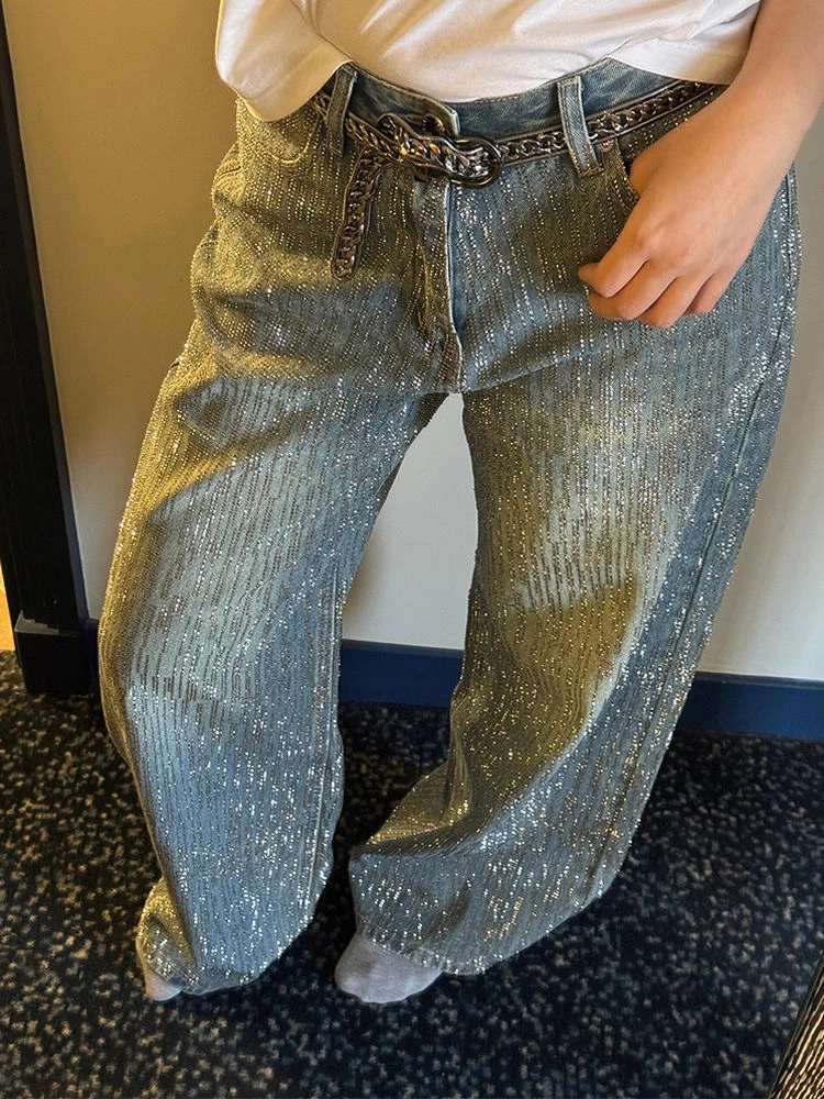 

Women's Starry Sky Sparkling Design Vintage Blue Denim Jeans Girl Trousers Casual Bottoms Female High Waist Wide Leg Denim Pants