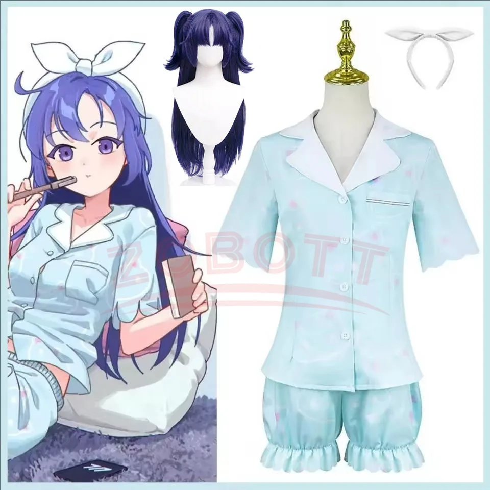 

Game Anime Blue Archive Hayase Cosplay Costume Yuuka The Animation Wig Blue Short Sleeved Pajamas Wig Woman Sexy Cute Daily Suit