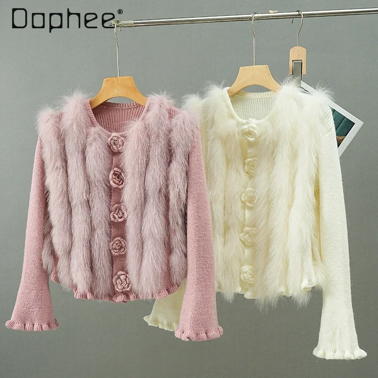 Three Dimensional Flower Real Fox Fur Cardigan Flare Sleeve Round Collar Slim Knitted Sweater Women's Spring Autumn Fashion