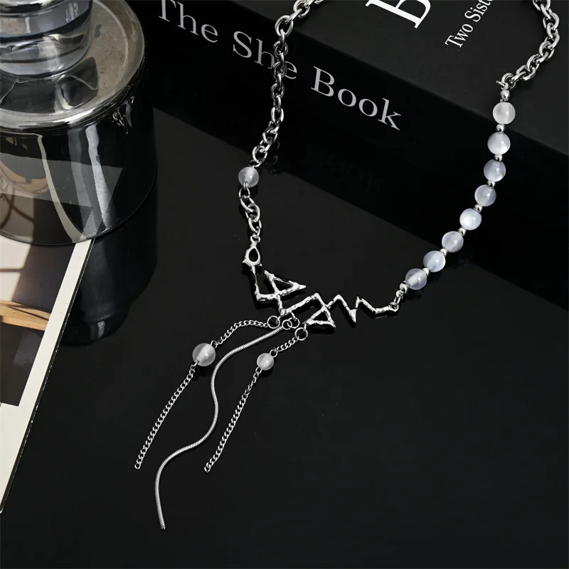 

Trendy Snake Shaped Bead Tassel Pendant Necklace For Women Girls Spliced Cat's eye Irregular designer Titanium Steel Jewelry