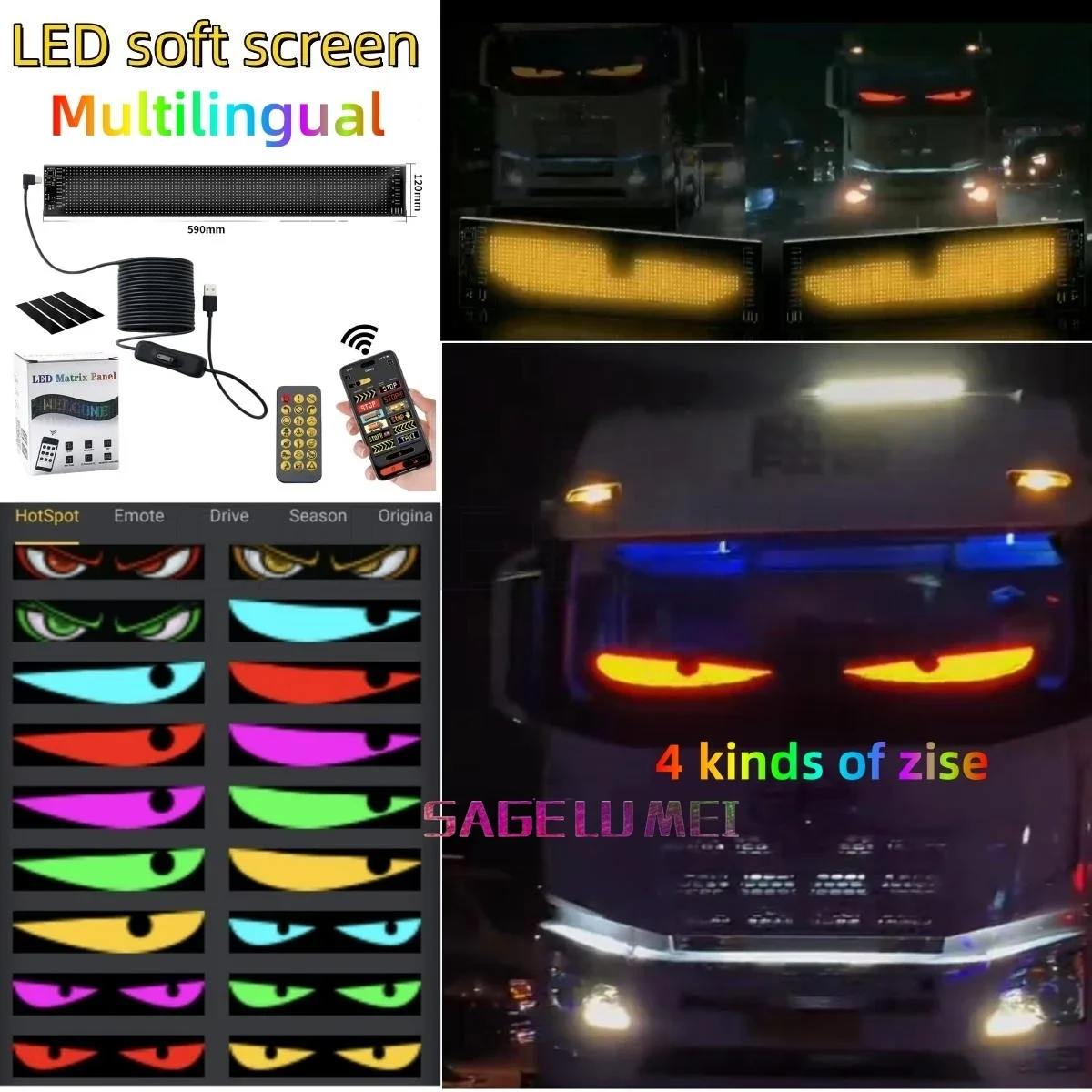 

Multilingual Car LED Matrix Pixel Panel Scrolling Advertising 5V USB Smart App Remote Control Car Truck Devil's Eye Signs Light