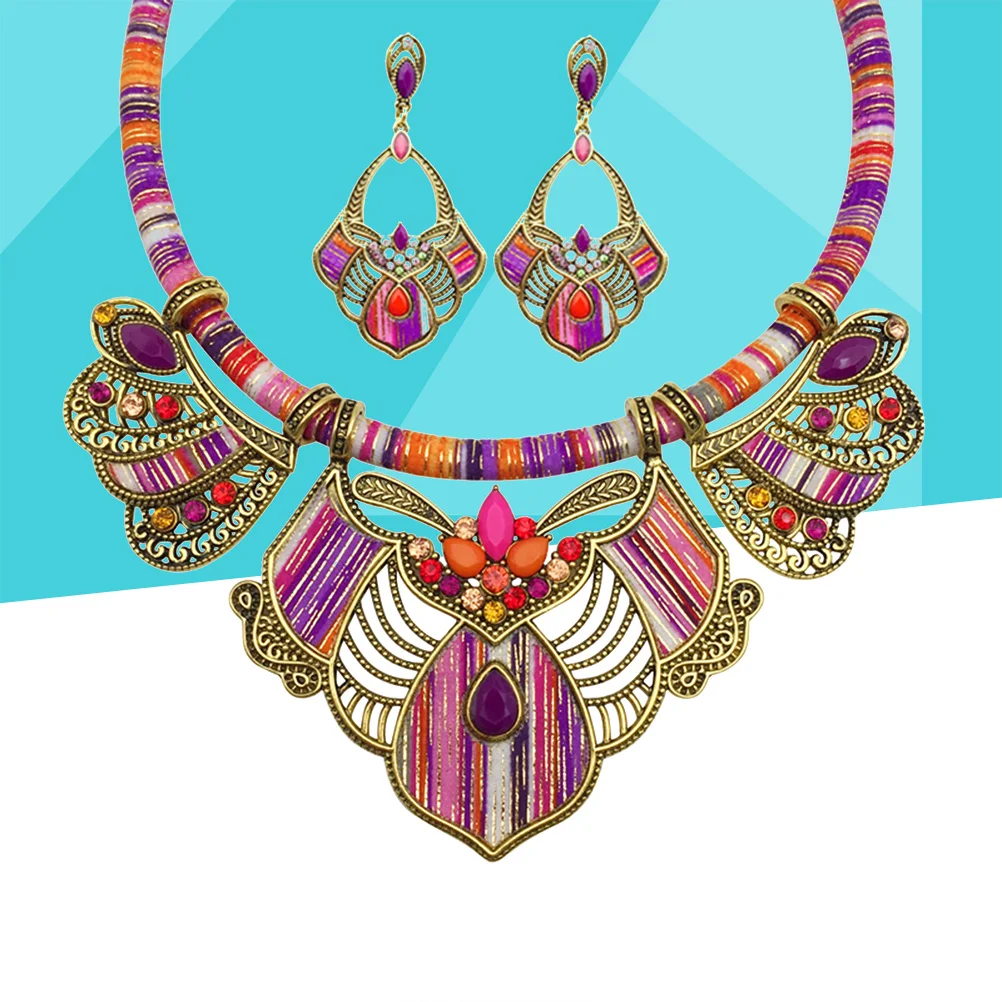 

Purple Resin Necklace Earring Set Bohemian Bohemia Jewelry Exquisite Bib Design for Wedding Party Birthday Gift Jewelry Set
