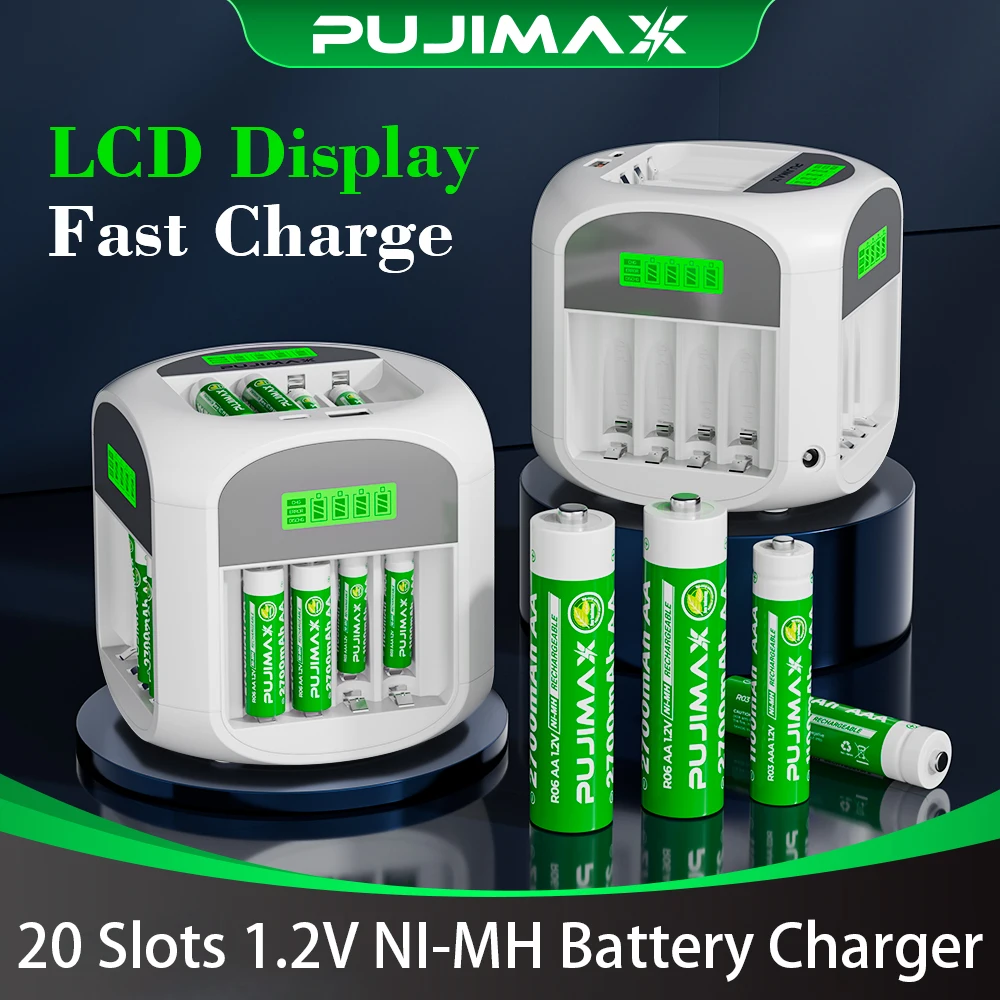 PUJIMAX 20-Slot Square with LCD Display Intelligent Battery Rapid Charger Multi-protection for AA AAA 1.2V Ni-MH-Ni-Cd Batteries