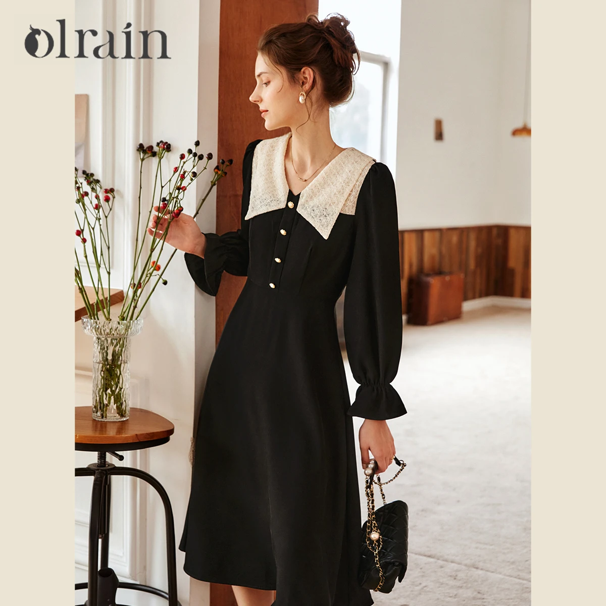 OLrain Black Dresses Woman Elegant Ladies 2025 Autumn French Fashion Lace V Neck Long Sleeve Midi Dress Women Clothes O22CL58351