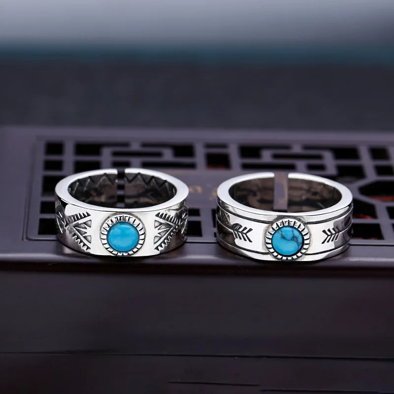 S925 Sterling Silver Charms Rings for Men Women New Fashion Ancient Totem Inlaid Turquoise Punk Jewelry