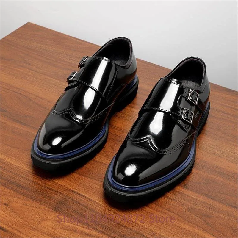 

High End Leather Shoes for Men's Business Casual Genuine Leather Dress Double Button Thick Bottom Loafers Male Wedding Oxfords