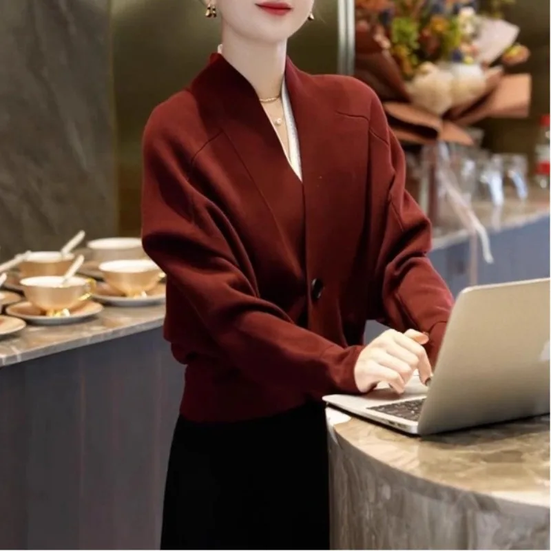 Lekki luksusowy styl, jesień-zima, nowa moda, modny kardigan z dzianiny z długim rękawem, zapinany na jeden guzik, damski top.